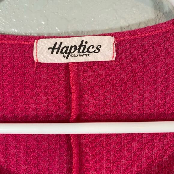 Haptics 1X Pink Cheetah Print Long Sleeve Strappy Shirt Top Waffle Knit V Neck - Picture 3 of 8